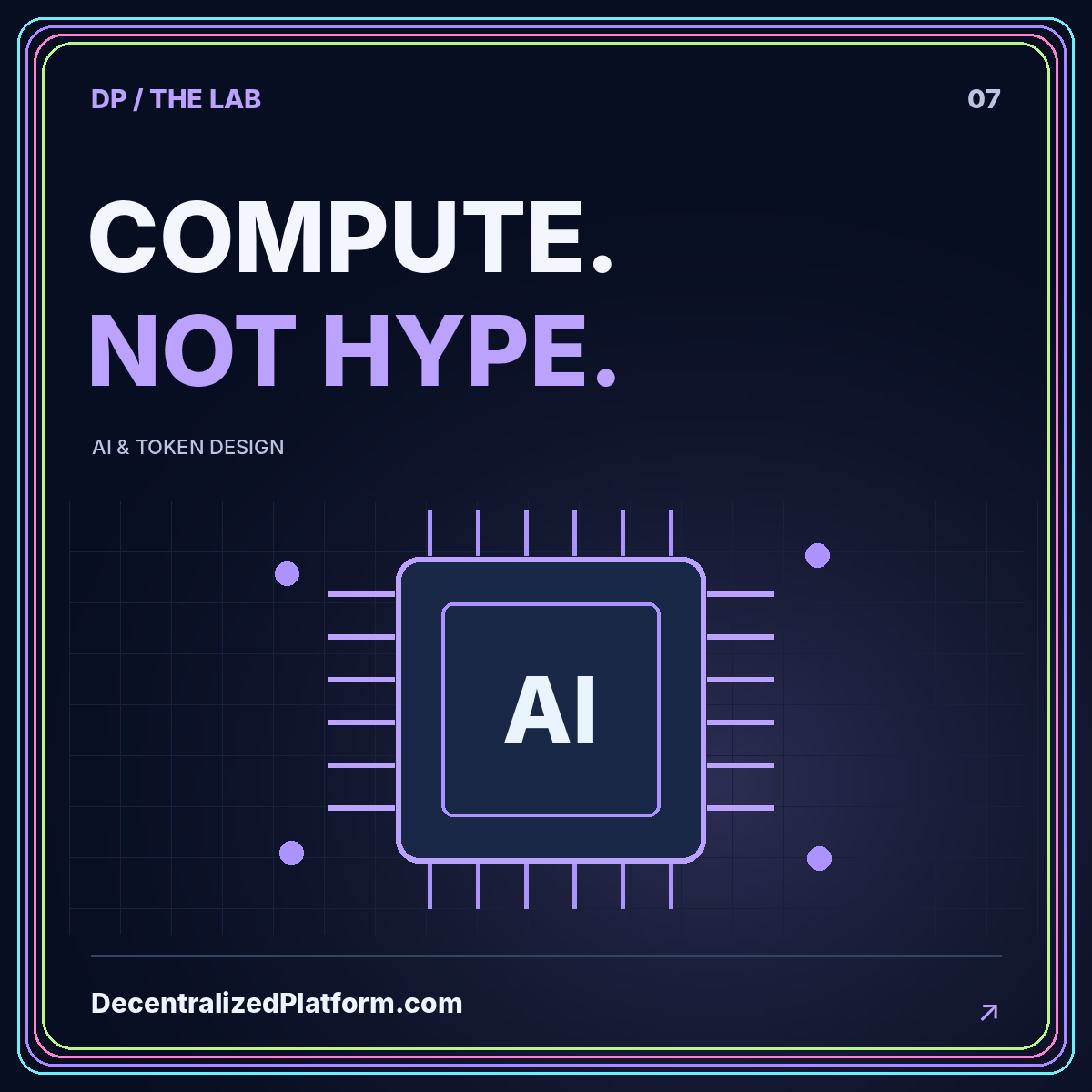 Compute, not hype: neon chip illustration with DecentralizedPlatform.com branding.