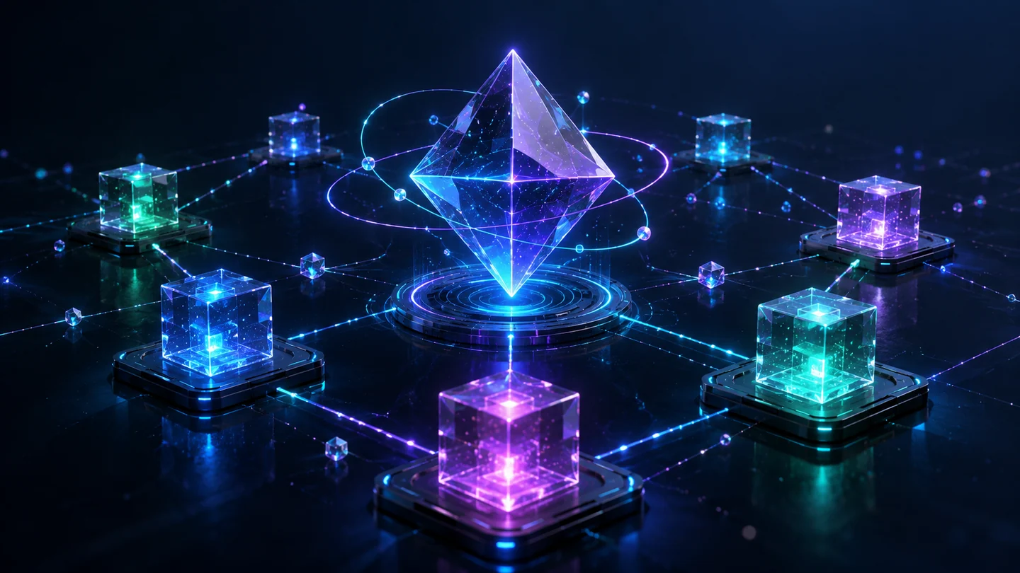 Luminous geometric nodes connected around a crystalline hub, illustrating the layers of a distributed stack.