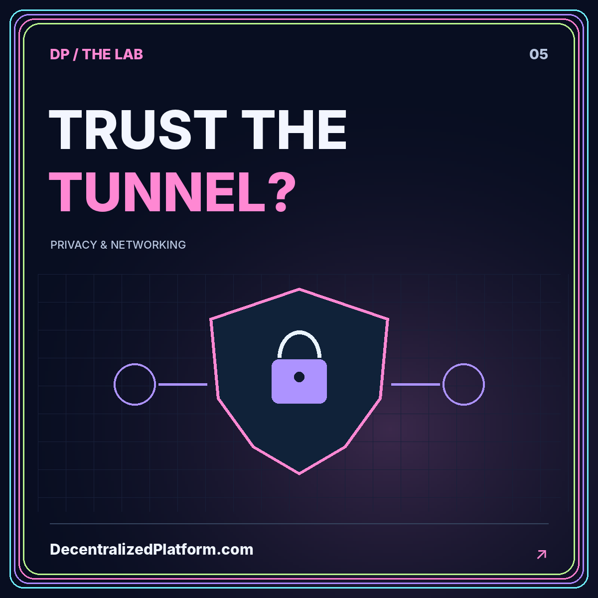Trust the tunnel?: neon shield illustration with DecentralizedPlatform.com branding.