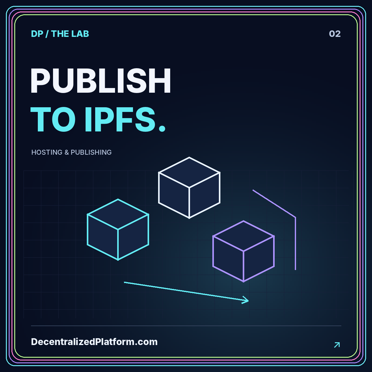 Publish to IPFS: neon cubes illustration with DecentralizedPlatform.com branding.