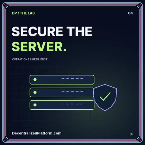 Secure the server: neon server illustration with DecentralizedPlatform.com branding.