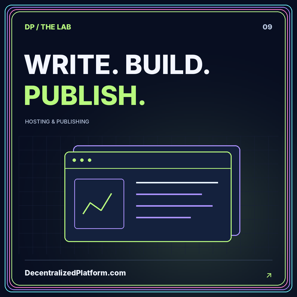 Write. Build. Publish.: neon browser illustration with DecentralizedPlatform.com branding.