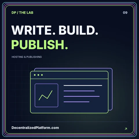Write. Build. Publish.: neon browser illustration with DecentralizedPlatform.com branding.
