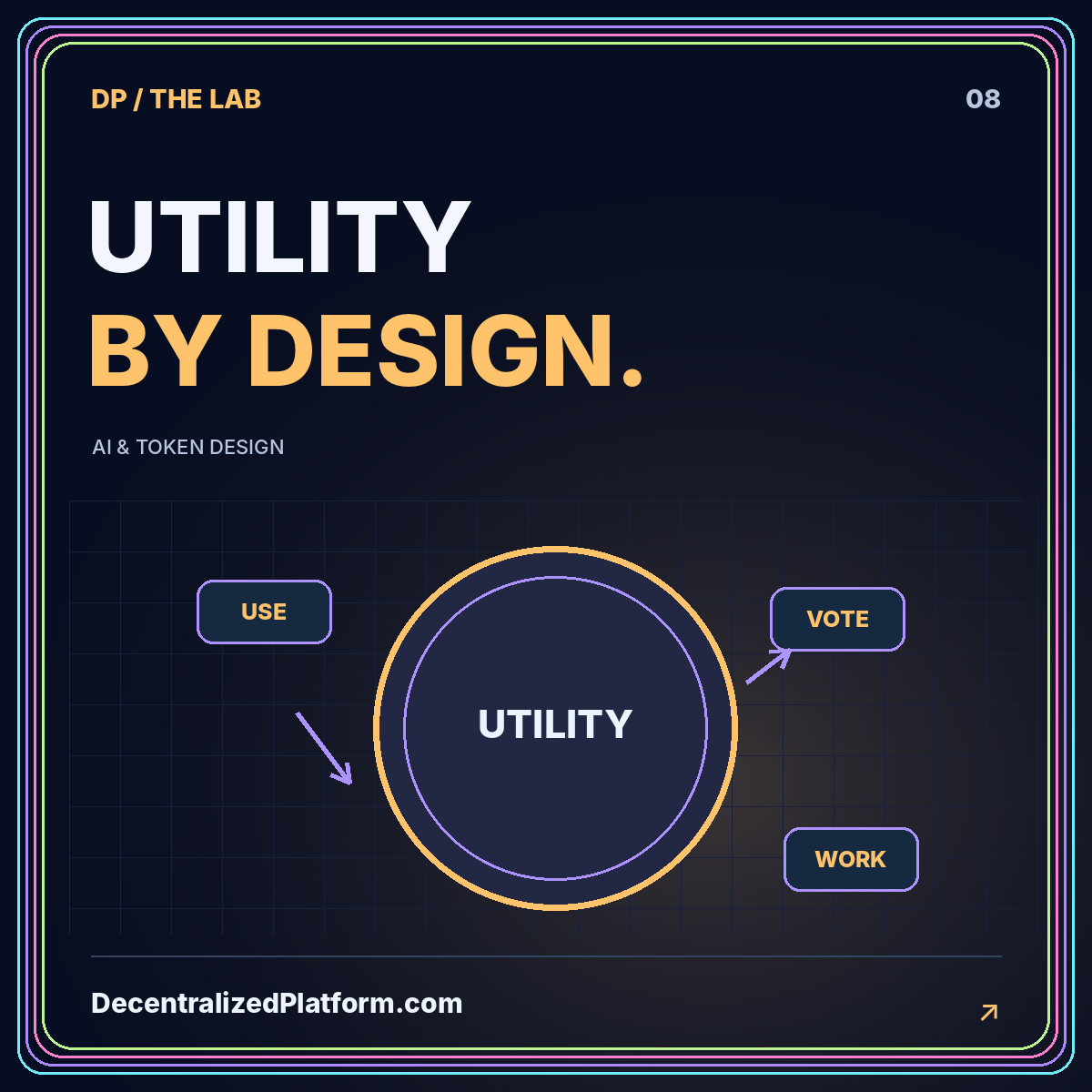 Utility by design: neon token illustration with DecentralizedPlatform.com branding.