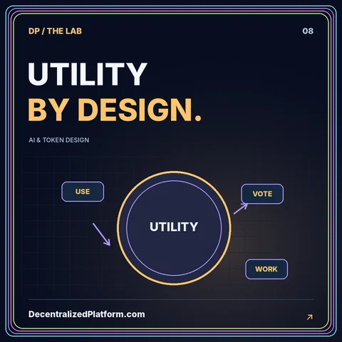 Utility by design: neon token illustration with DecentralizedPlatform.com branding.